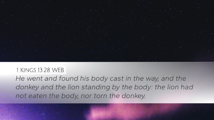 1 Kings 13:28 WEB Desktop Wallpaper - He went and found his body cast in the way, and - Desktop Bible Verse Wallpaper