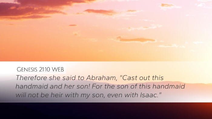 Genesis 21:10 WEB Bible Verse Image