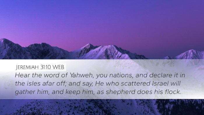 Jeremiah 31:10 WEB Desktop Wallpaper - Hear the word of Yahweh, you nations, and declare - Desktop Bible Verse Wallpaper