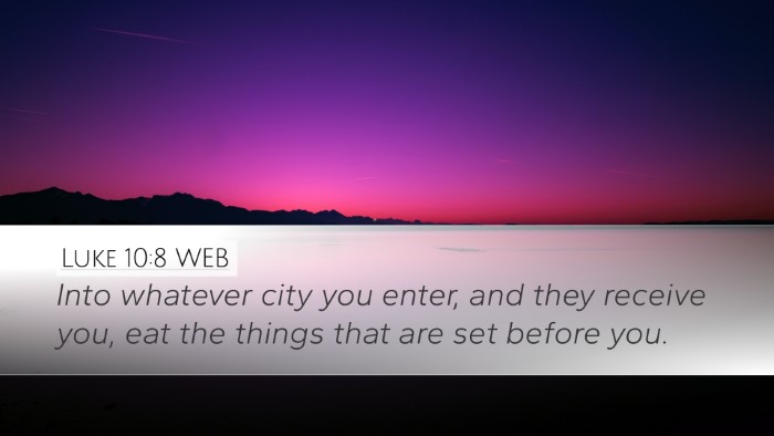 Luke 10:8 WEB Desktop Wallpaper - Into whatever city you enter, and they receive - Desktop Bible Verse Wallpaper