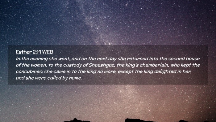 Picture 02 - Esther 2:14 WEB Desktop Wallpaper - In the evening she went, and on the next day she - Desktop Bible Verse Wallpaper