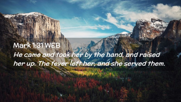 Picture 02 - Mark 1:31 WEB Desktop Wallpaper - He came and took her by the hand, and raised her - Desktop Bible Verse Wallpaper