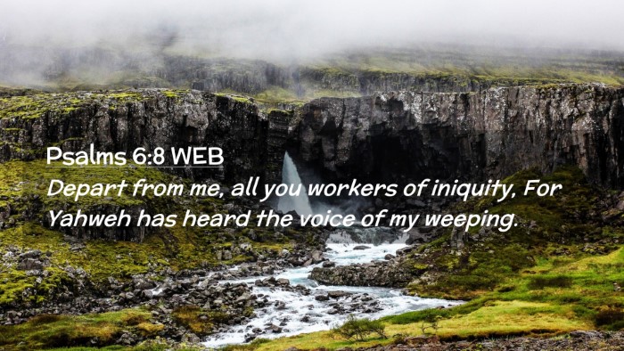Picture 02 - Psalms 6:8 WEB Desktop Wallpaper - Depart from me, all you workers of iniquity, For - Desktop Bible Verse Wallpaper