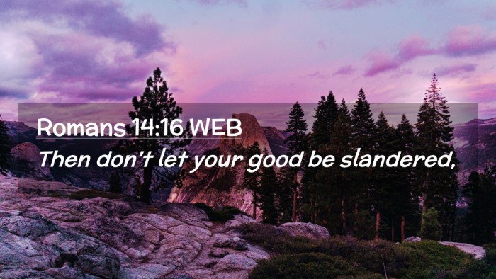 Picture 02 - Romans 14:16 WEB Desktop Wallpaper - Then don't let your good be - Desktop Bible Verse Wallpaper