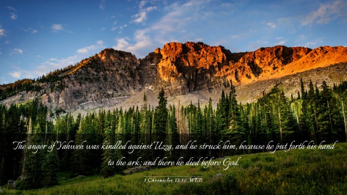 Picture 03 - 1 Chronicles 13:10 WEB Desktop Wallpaper - The anger of Yahweh was kindled against Uzza, and - Desktop Bible Verse Wallpaper