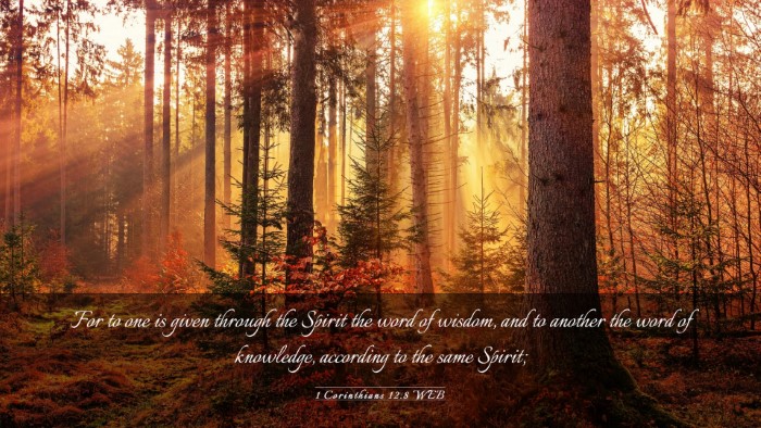 Picture 03 - 1 Corinthians 12:8 WEB Desktop Wallpaper - For to one is given through the Spirit the word - Desktop Bible Verse Wallpaper