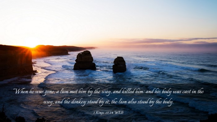 Picture 03 - 1 Kings 13:24 WEB Desktop Wallpaper - When he was gone, a lion met him by the way, and - Desktop Bible Verse Wallpaper