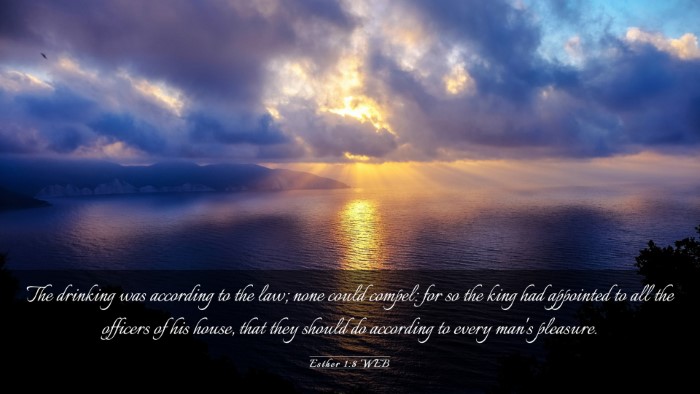 Picture 03 - Esther 1:8 WEB Desktop Wallpaper - The drinking was according to the law; none could - Desktop Bible Verse Wallpaper