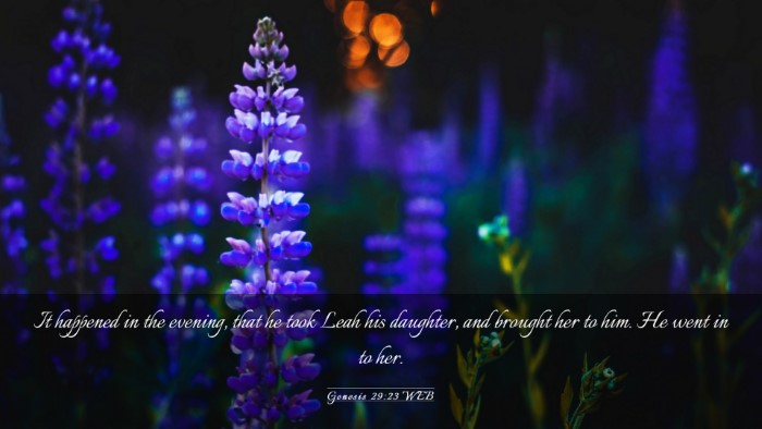 Picture 03 - Genesis 29:23 WEB Desktop Wallpaper - It happened in the evening, that he took Leah his - Desktop Bible Verse Wallpaper