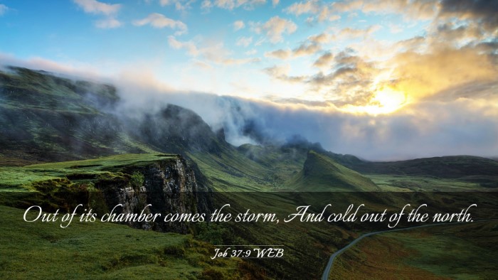 Picture 03 - Job 37:9 WEB Desktop Wallpaper - Out of its chamber comes the storm, And cold out - Desktop Bible Verse Wallpaper
