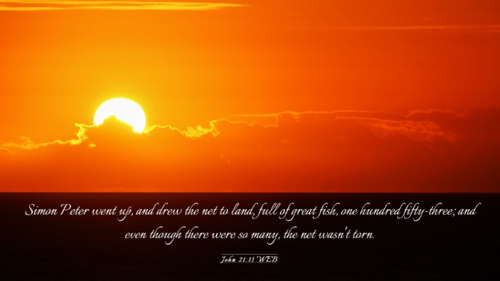 Picture 03 - John 21:11 WEB Desktop Wallpaper - Simon Peter went up, and drew the net to land, - Desktop Bible Verse Wallpaper