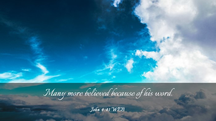 Picture 03 - John 4:41 WEB Desktop Wallpaper - Many more believed because of his - Desktop Bible Verse Wallpaper