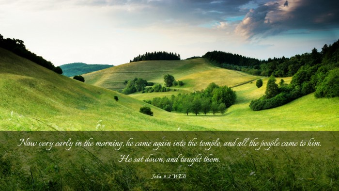 Picture 03 - John 8:2 WEB Desktop Wallpaper - Now very early in the morning, he came again into - Desktop Bible Verse Wallpaper