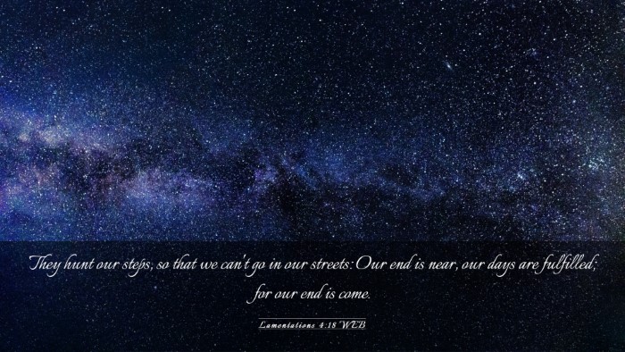 Picture 03 - Lamentations 4:18 WEB Desktop Wallpaper - They hunt our steps, so that we can't go in our - Desktop Bible Verse Wallpaper