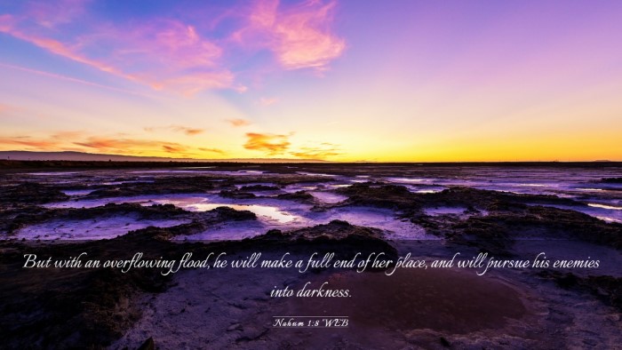 Picture 03 - Nahum 1:8 WEB Desktop Wallpaper - But with an overflowing flood, he will make a - Desktop Bible Verse Wallpaper