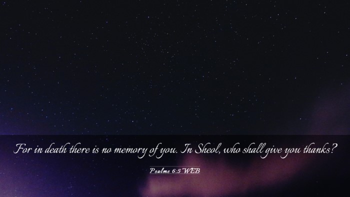 Picture 03 - Psalms 6:5 WEB Desktop Wallpaper - For in death there is no memory of you. In Sheol, - Desktop Bible Verse Wallpaper