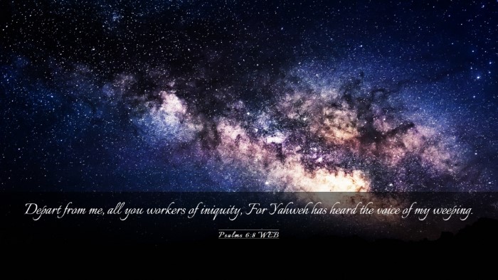 Picture 03 - Psalms 6:8 WEB Desktop Wallpaper - Depart from me, all you workers of iniquity, For - Desktop Bible Verse Wallpaper
