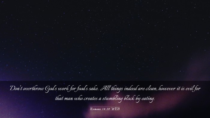 Picture 03 - Romans 14:20 WEB Desktop Wallpaper - Don't overthrow God's work for food's sake. All - Desktop Bible Verse Wallpaper