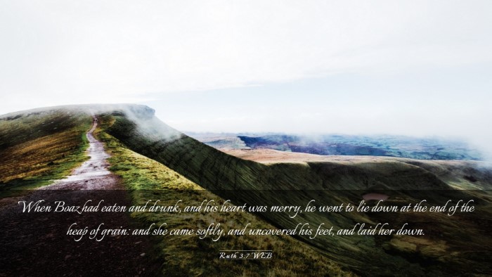 Picture 03 - Ruth 3:7 WEB Desktop Wallpaper - When Boaz had eaten and drunk, and his heart was - Desktop Bible Verse Wallpaper
