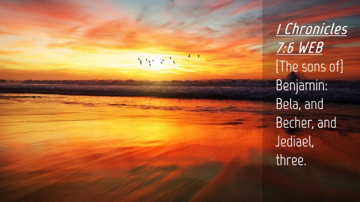 Picture 04 - 1 Chronicles 7:6 WEB Desktop Wallpaper - [The sons of] Benjamin: Bela, and Becher, and - Desktop Bible Verse Wallpaper