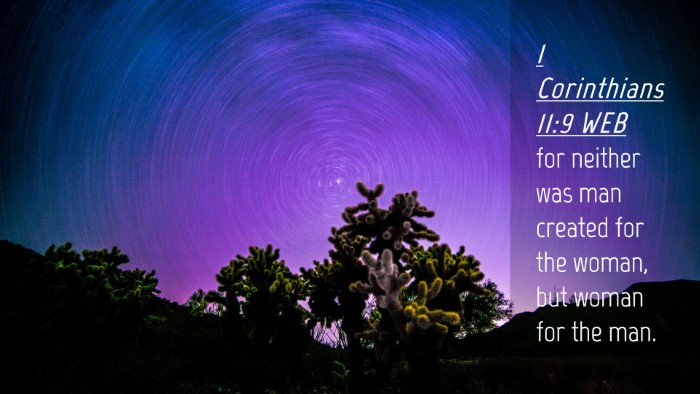 Picture 04 - 1 Corinthians 11:9 WEB Desktop Wallpaper - for neither was man created for the woman, but - Desktop Bible Verse Wallpaper