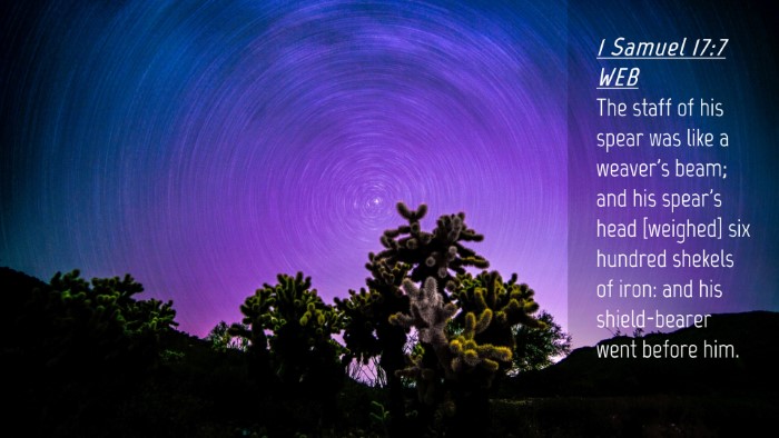 Picture 04 - 1 Samuel 17:7 WEB Desktop Wallpaper - The staff of his spear was like a weaver's beam; - Desktop Bible Verse Wallpaper