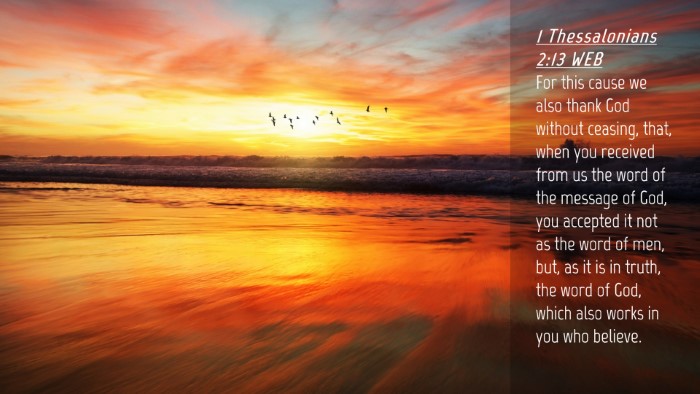 Picture 04 - 1 Thessalonians 2:13 WEB Desktop Wallpaper - For this cause we also thank God without ceasing, - Desktop Bible Verse Wallpaper