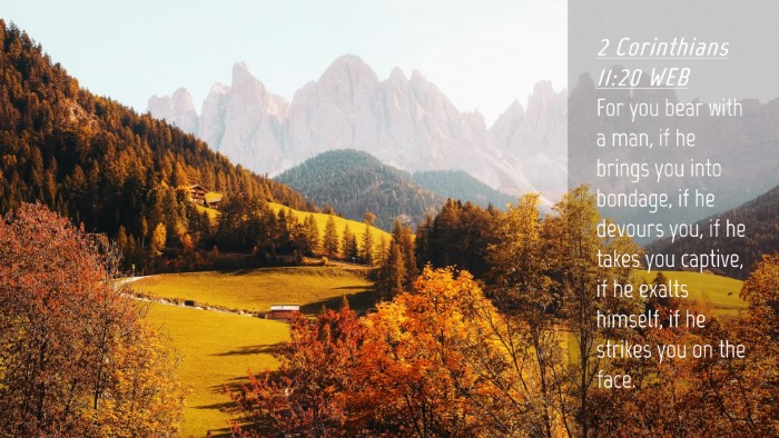 Picture 04 - 2 Corinthians 11:20 WEB Desktop Wallpaper - For you bear with a man, if he brings you into - Desktop Bible Verse Wallpaper