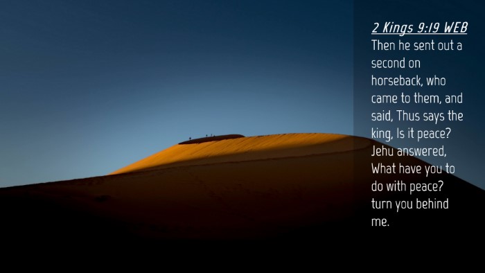 Picture 04 - 2 Kings 9:19 WEB Desktop Wallpaper - Then he sent out a second on horseback, who came - Desktop Bible Verse Wallpaper