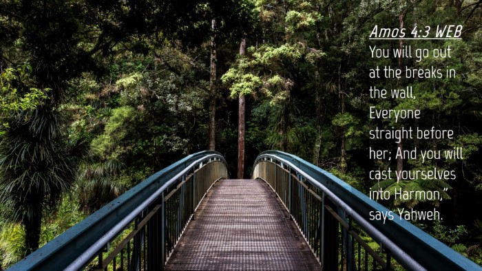 Picture 04 - Amos 4:3 WEB Desktop Wallpaper - You will go out at the breaks in the wall, - Desktop Bible Verse Wallpaper