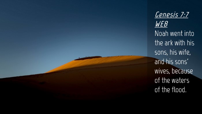 Picture 04 - Genesis 7:7 WEB Desktop Wallpaper - Noah went into the ark with his sons, his wife, - Desktop Bible Verse Wallpaper