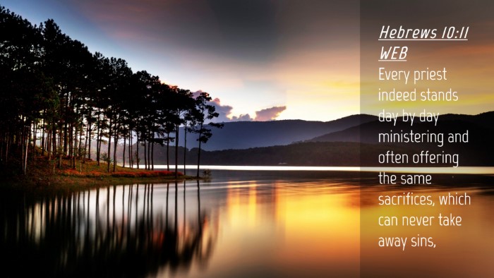 Picture 04 - Hebrews 10:11 WEB Desktop Wallpaper - Every priest indeed stands day by day ministering - Desktop Bible Verse Wallpaper