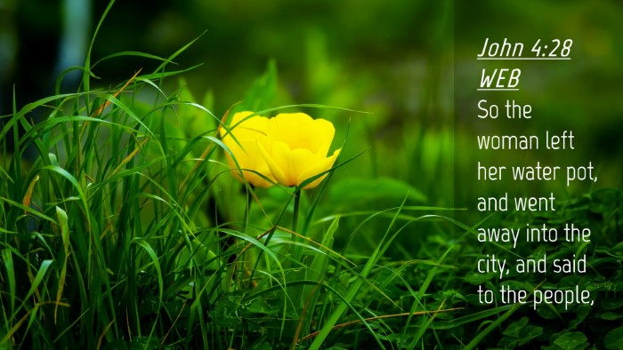 Picture 04 - John 4:28 WEB Desktop Wallpaper - So the woman left her water pot, and went away - Desktop Bible Verse Wallpaper