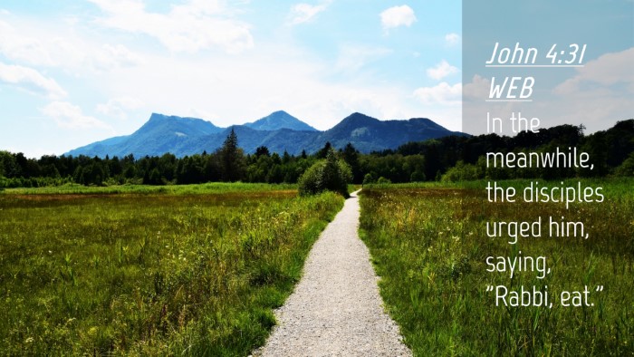 Picture 04 - John 4:31 WEB Desktop Wallpaper - In the meanwhile, the disciples urged him, - Desktop Bible Verse Wallpaper