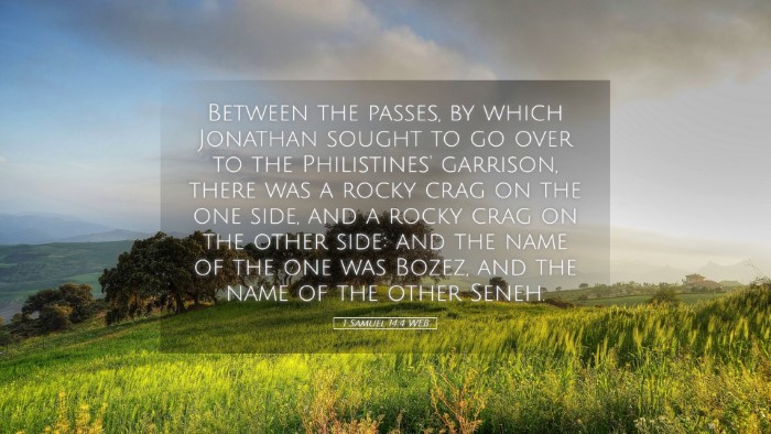 Picture 05 - 1 Samuel 14:4 WEB Desktop Wallpaper - Between the passes, by which Jonathan sought to - Desktop Bible Verse Wallpaper