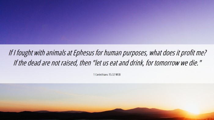Picture 06 - 1 Corinthians 15:32 WEB Desktop Wallpaper - If I fought with animals at Ephesus for human - Desktop Bible Verse Wallpaper