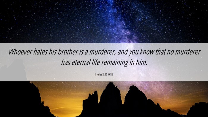 Picture 06 - 1 John 3:15 WEB Desktop Wallpaper - Whoever hates his brother is a murderer, and you - Desktop Bible Verse Wallpaper