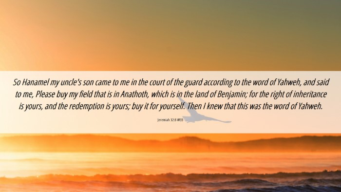 Picture 06 - Jeremiah 32:8 WEB Desktop Wallpaper - So Hanamel my uncle's son came to me in the court - Desktop Bible Verse Wallpaper