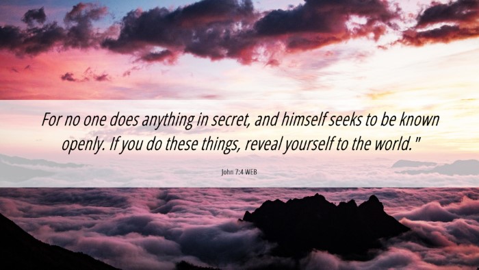 Picture 06 - John 7:4 WEB Desktop Wallpaper - For no one does anything in secret, and himself - Desktop Bible Verse Wallpaper