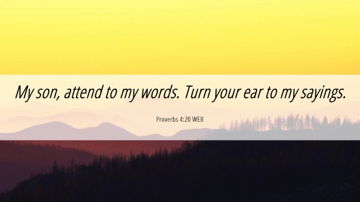 Picture 06 - Proverbs 4:20 WEB Desktop Wallpaper - My son, attend to my words. Turn your ear to my - Desktop Bible Verse Wallpaper