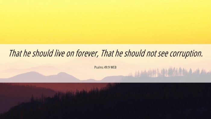 Picture 06 - Psalms 49:9 WEB Desktop Wallpaper - That he should live on forever, That he should - Desktop Bible Verse Wallpaper