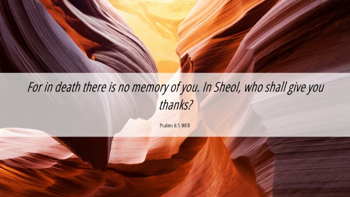 Picture 06 - Psalms 6:5 WEB Desktop Wallpaper - For in death there is no memory of you. In Sheol, - Desktop Bible Verse Wallpaper