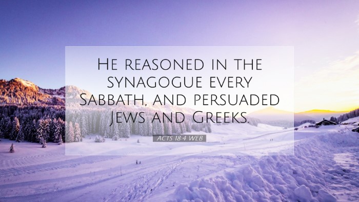 Picture 07 - Acts 18:4 WEB Desktop Wallpaper - He reasoned in the synagogue every Sabbath, and - Desktop Bible Verse Wallpaper