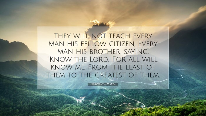 Picture 07 - Hebrews 8:11 WEB Desktop Wallpaper - They will not teach every man his fellow citizen, - Desktop Bible Verse Wallpaper