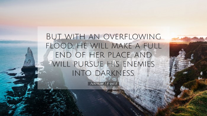 Picture 07 - Nahum 1:8 WEB Desktop Wallpaper - But with an overflowing flood, he will make a - Desktop Bible Verse Wallpaper