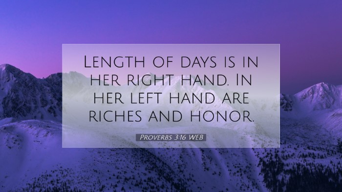 Picture 07 - Proverbs 3:16 WEB Desktop Wallpaper - Length of days is in her right hand. In her left - Desktop Bible Verse Wallpaper