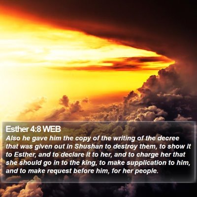 Esther 4:8 WEB Bible Verse Image