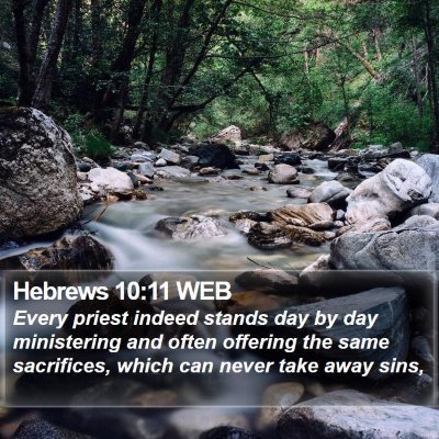 Hebrews 10:11 WEB Bible Verse Image
