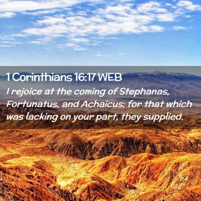 Picture 02 - 1 Corinthians 16:17 WEB - I rejoice at the coming of Stephanas, Fortunatus, - Bible Verse Picture