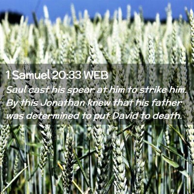 Picture 02 - 1 Samuel 20:33 WEB - Saul cast his spear at him to strike him. By this - Bible Verse Picture
